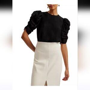 LIKE NEW TED BAKER Sachiko Ruched Puff Sleeve Organza Top Black Size 1 (US 4)